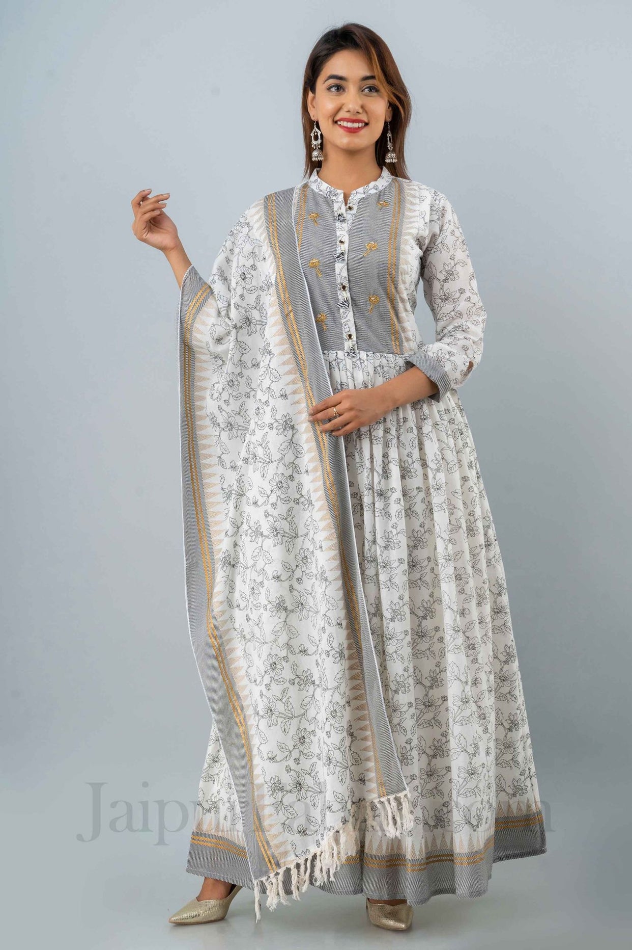 Women White & Grey Long Cotton Kurti with Dupatta