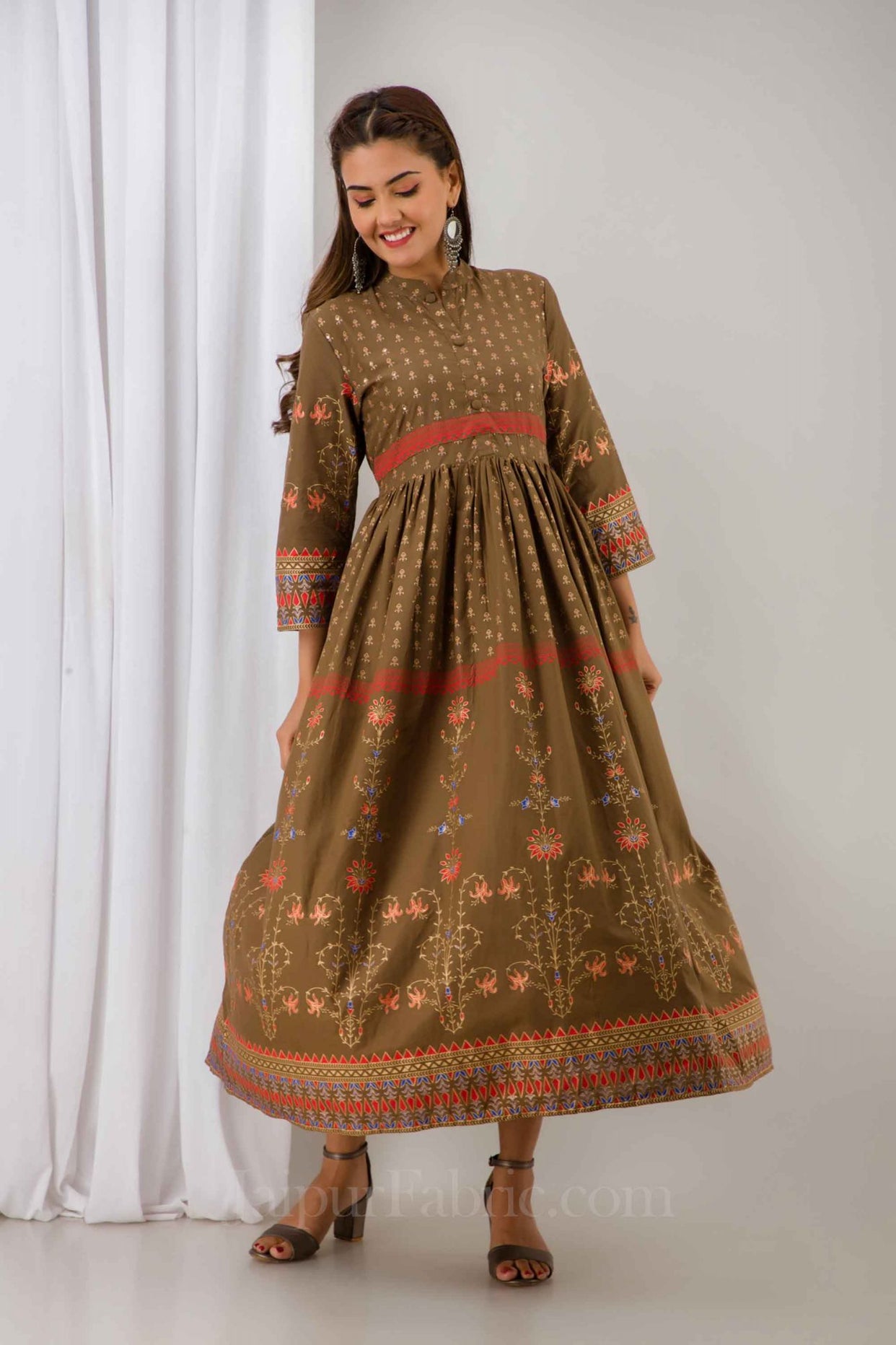 Women Brown Cotton Long Flared Kurti