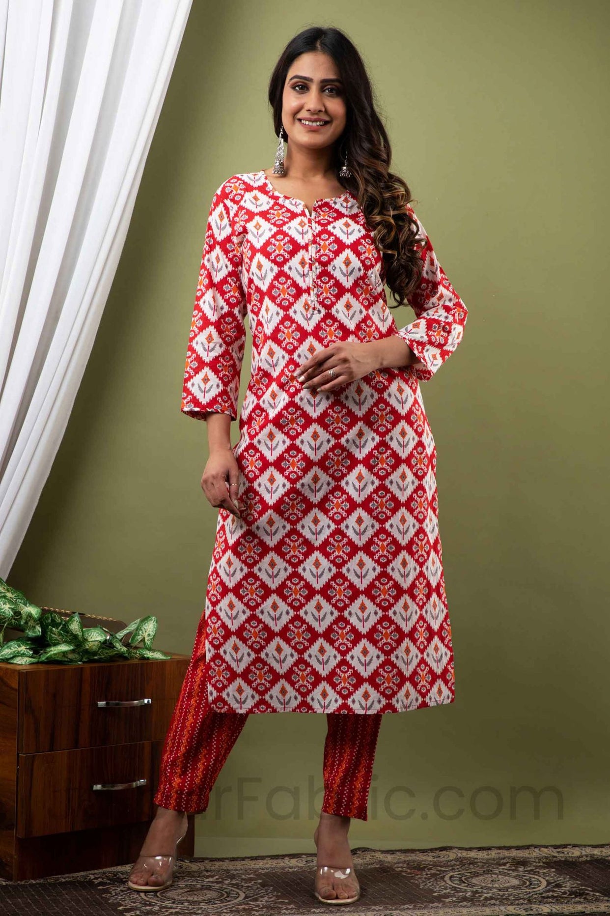 Women Red Traditional Print Cotton Kurti with Pant & Dupatta