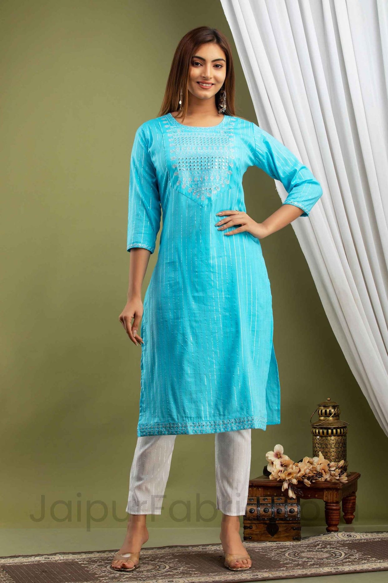 Women Blue Lining Cotton Kurti with Pant