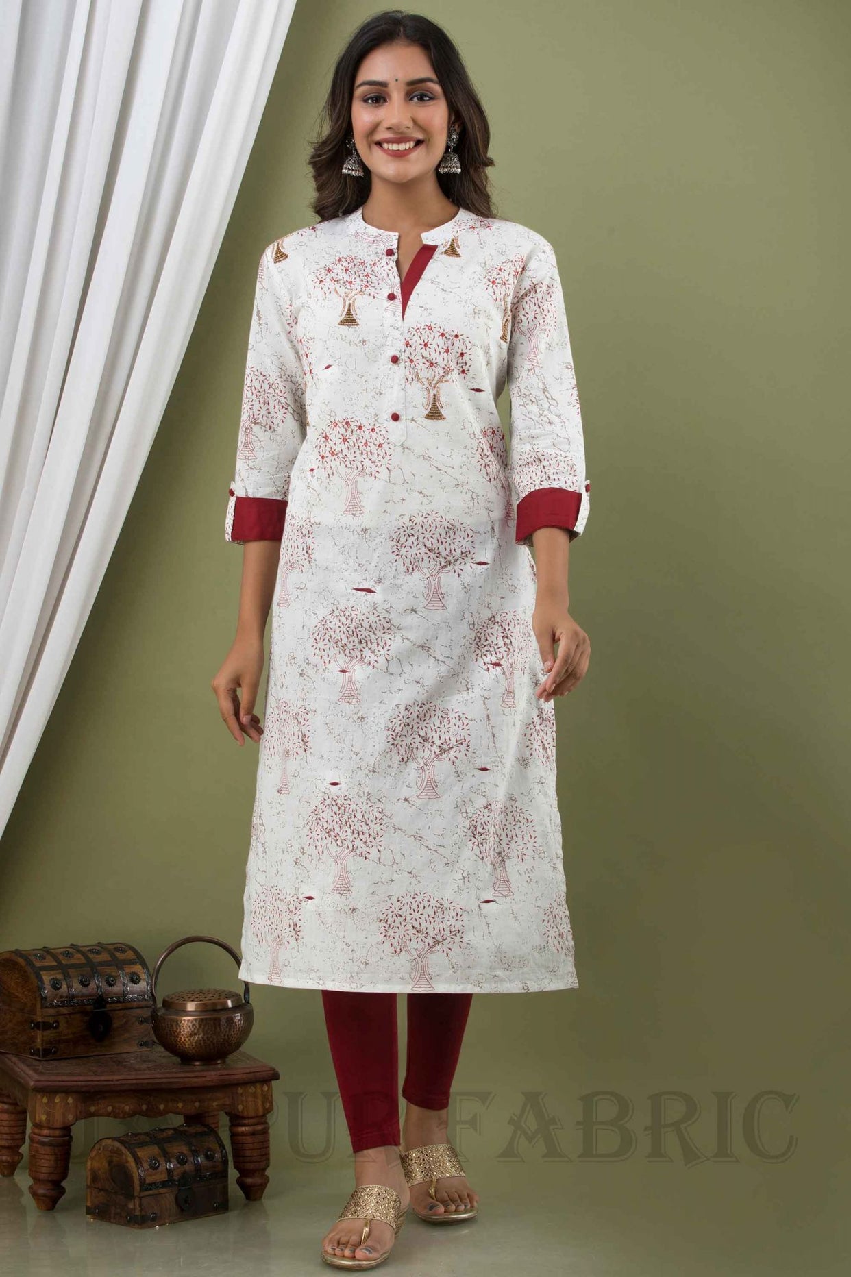 Women White Cotton Roll Up Sleeve Kurti