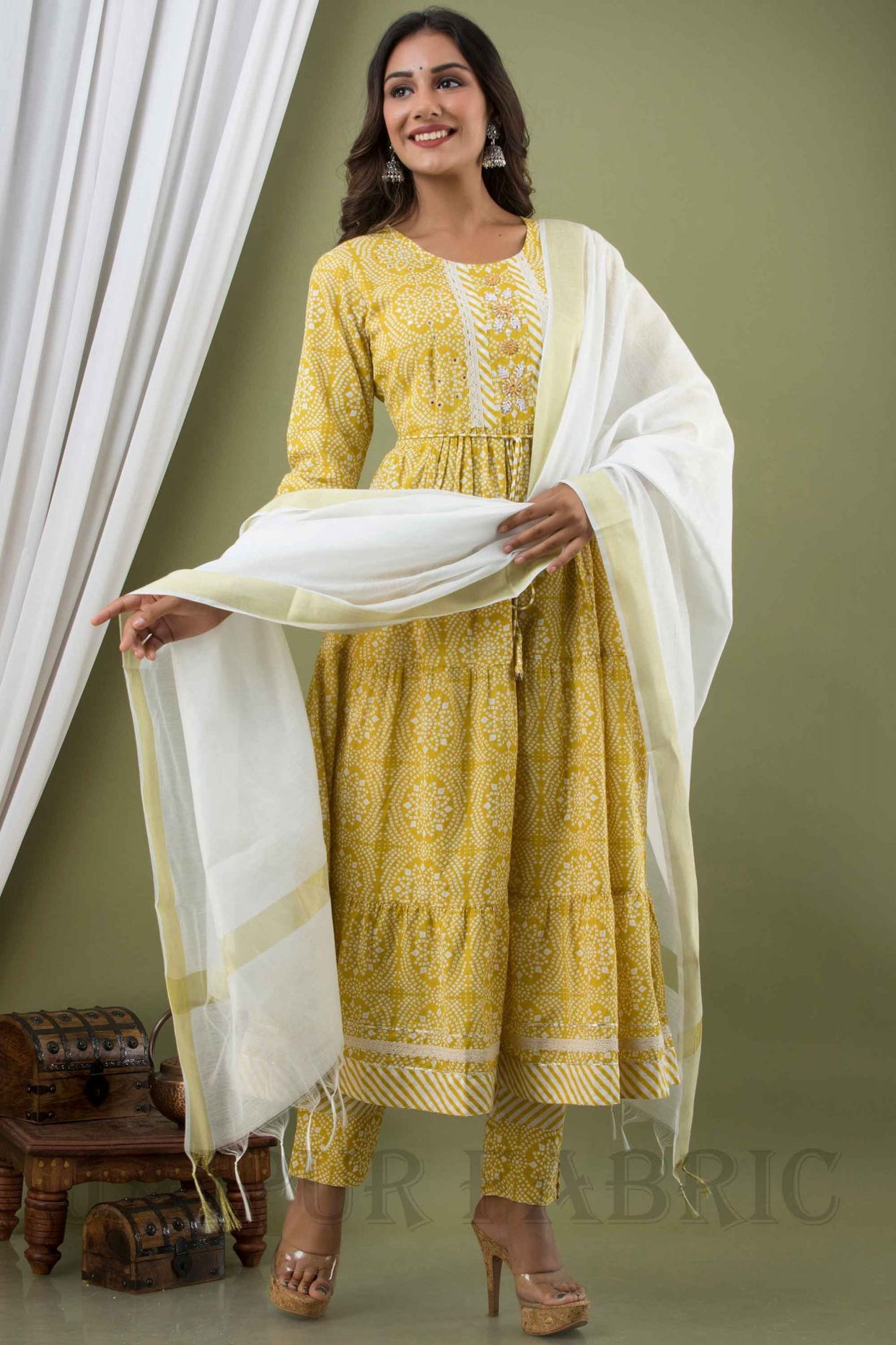 Women Yellow Frill Cotton Kurti with Pant & Dupatta