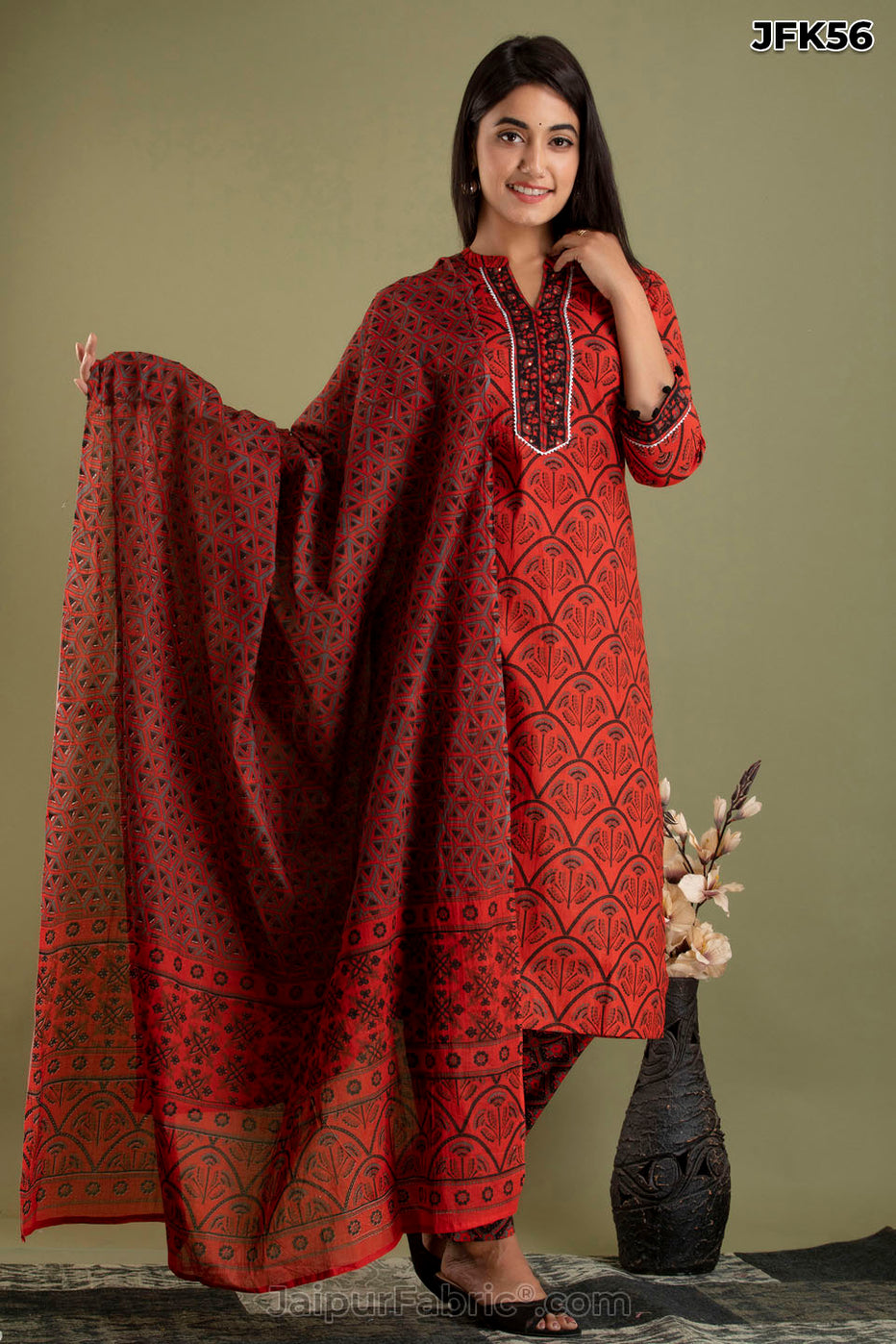 Brick Cotton Kurti Pant & Dupatta