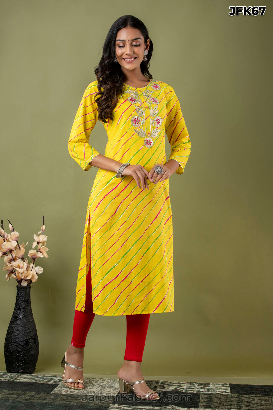 Yellow Lehriya Print Hand Work Cotton Kurti