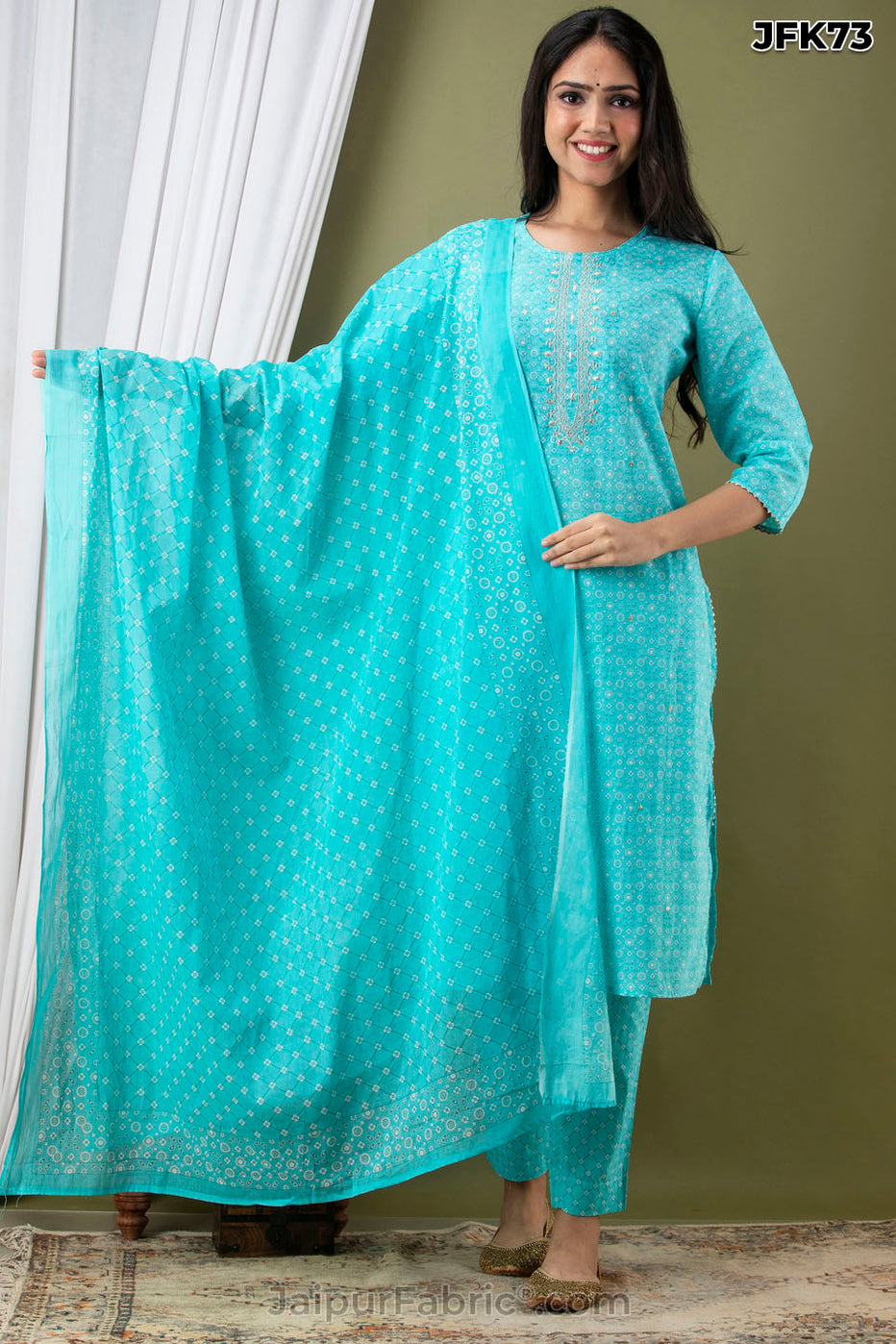 Blue Cotton Kurti 3pcs Set