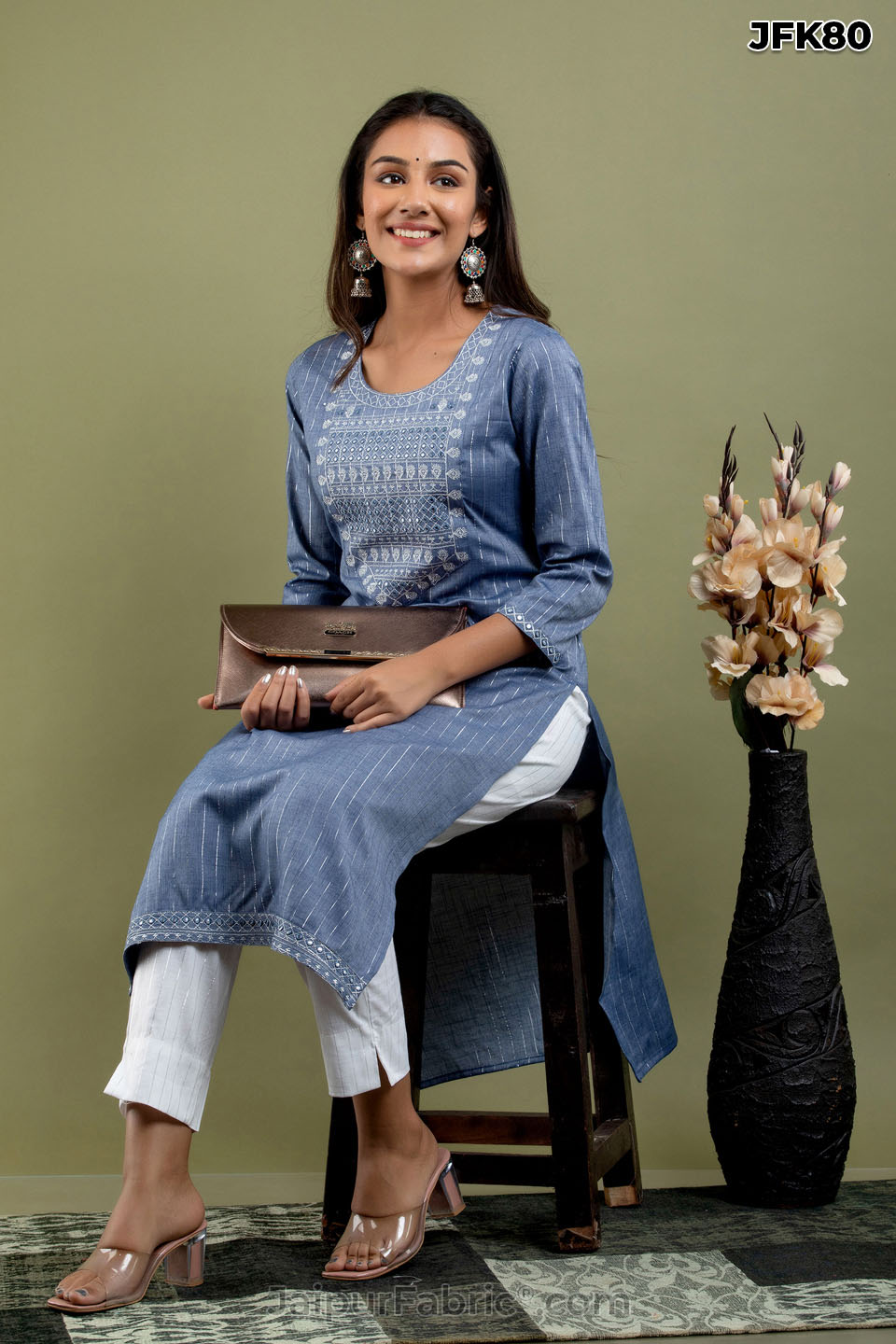 Blue Mirror Work Kurti Pant Set