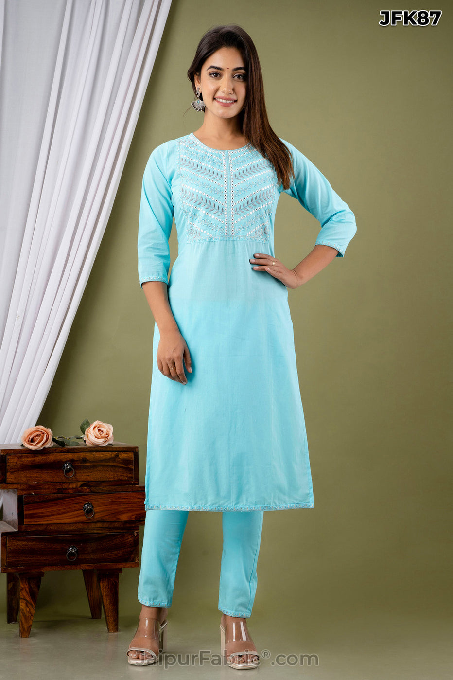 Sky Blue Cotton Kurti Pant Set