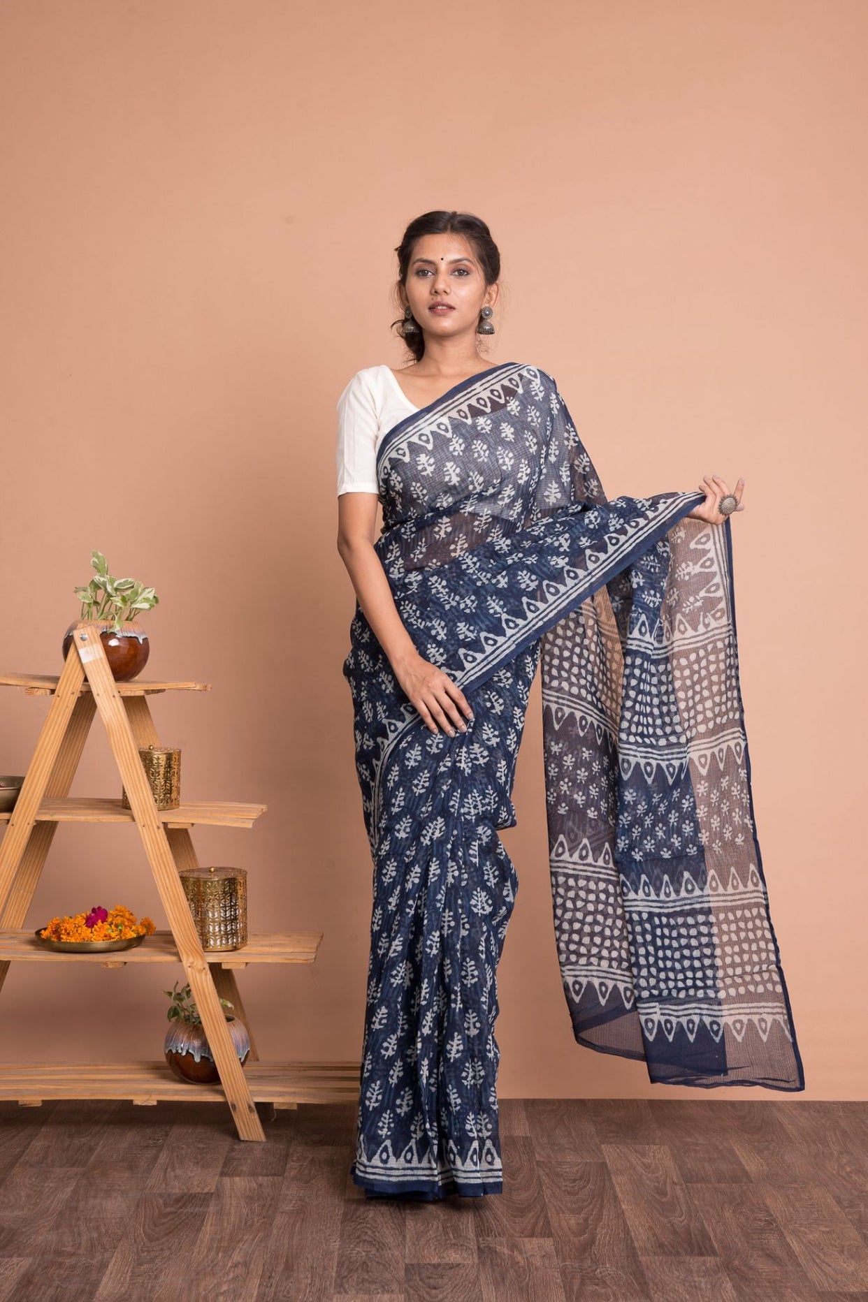 Dabu Print Kota Doria Saree with Mulmul Cotton Unstitched Blouse - Indigo And Blue