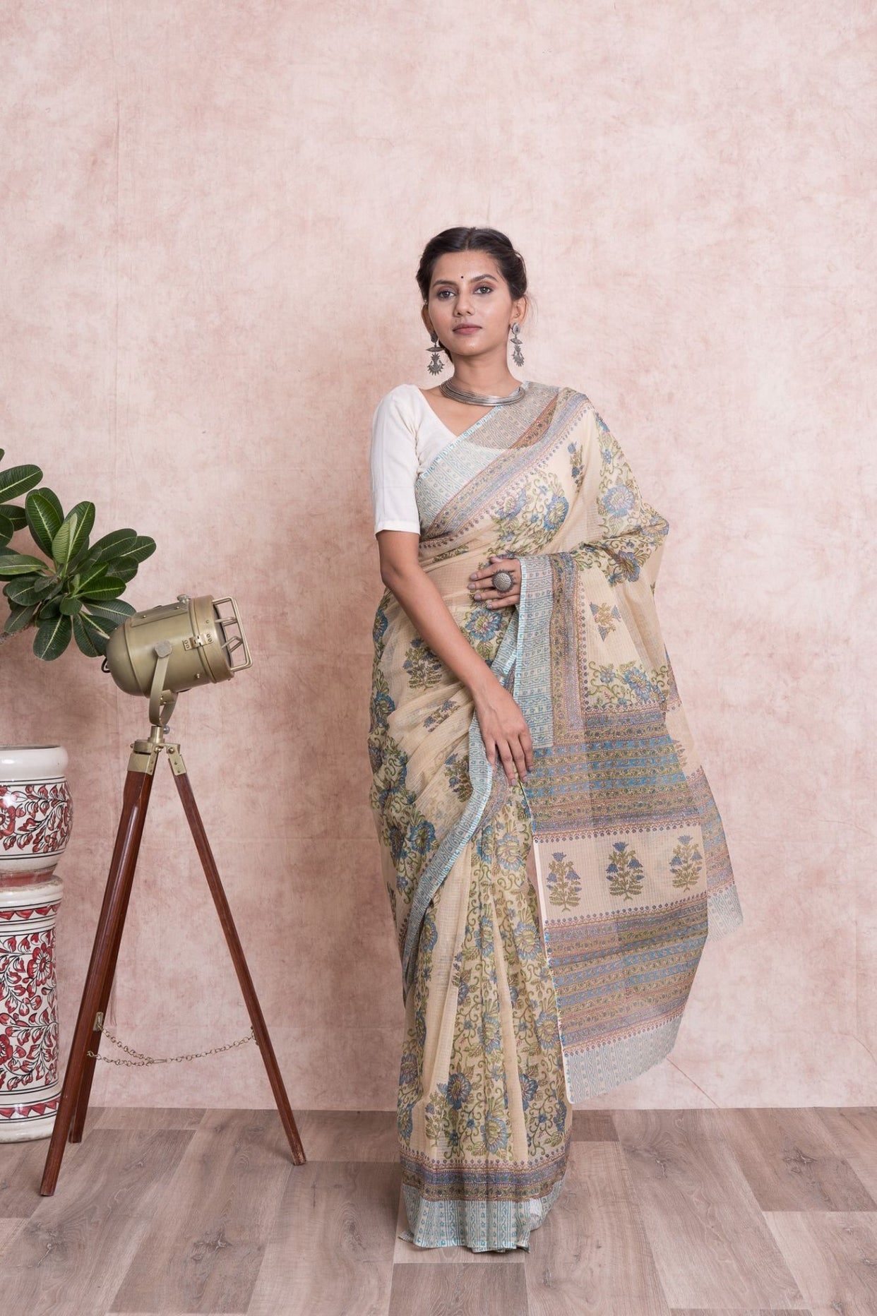 Floral Pattern Hand Block Printed Kota Doria Saree with Mulmul Cotton Unstitched Blouse