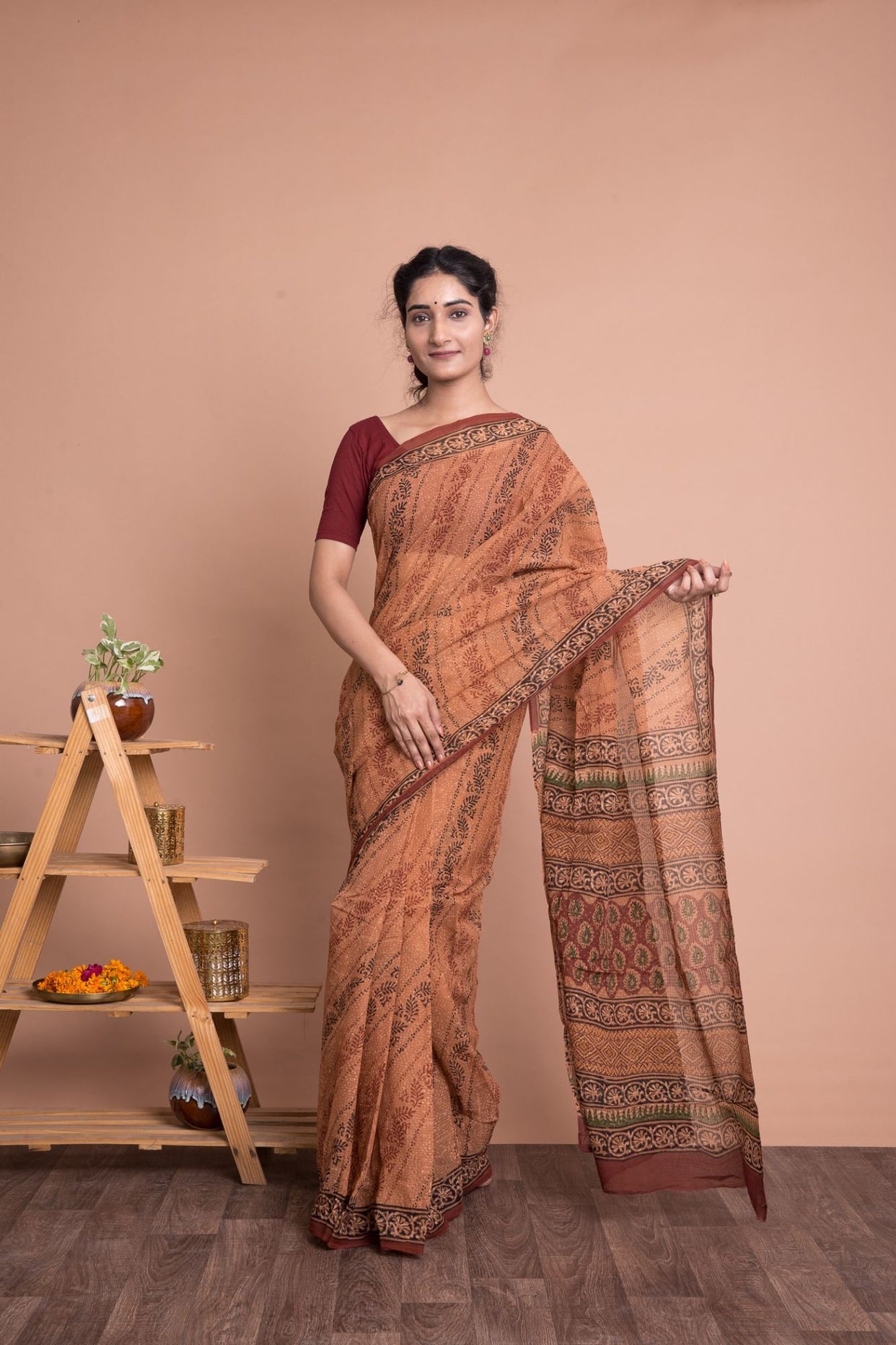 Bagru Geometric Print Kota Doria Saree with Mulmul Cotton Unstitched Blouse - Rust