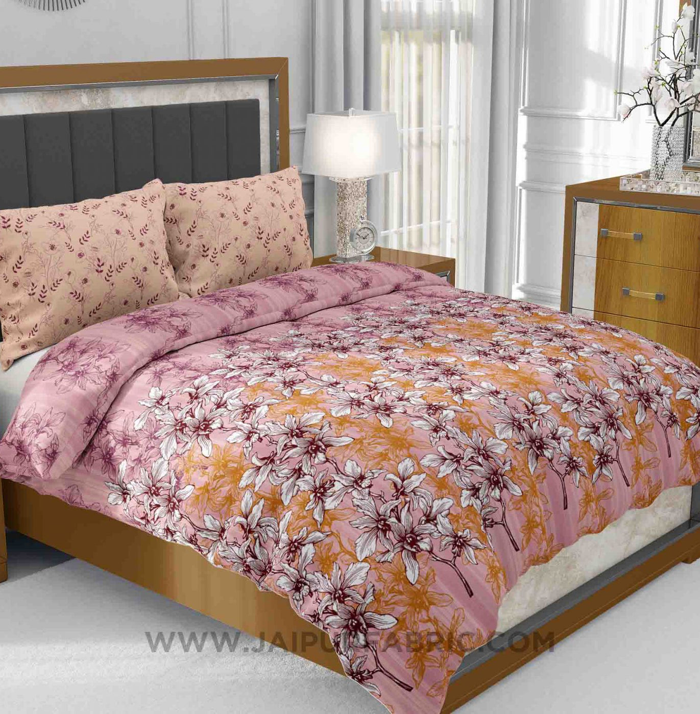 Peach Floral Manjari King Size Bedsheet