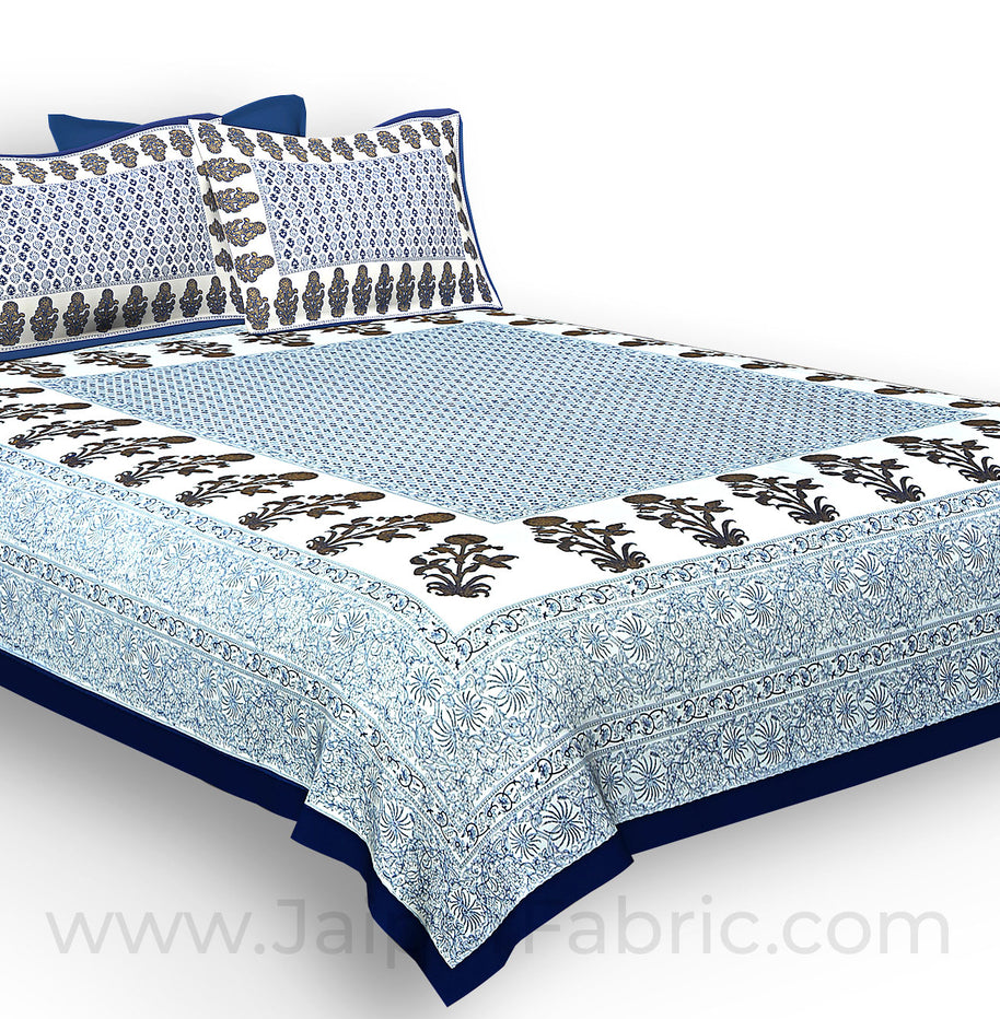 navy blue border floral print cotoon satin king size double  bedsheet