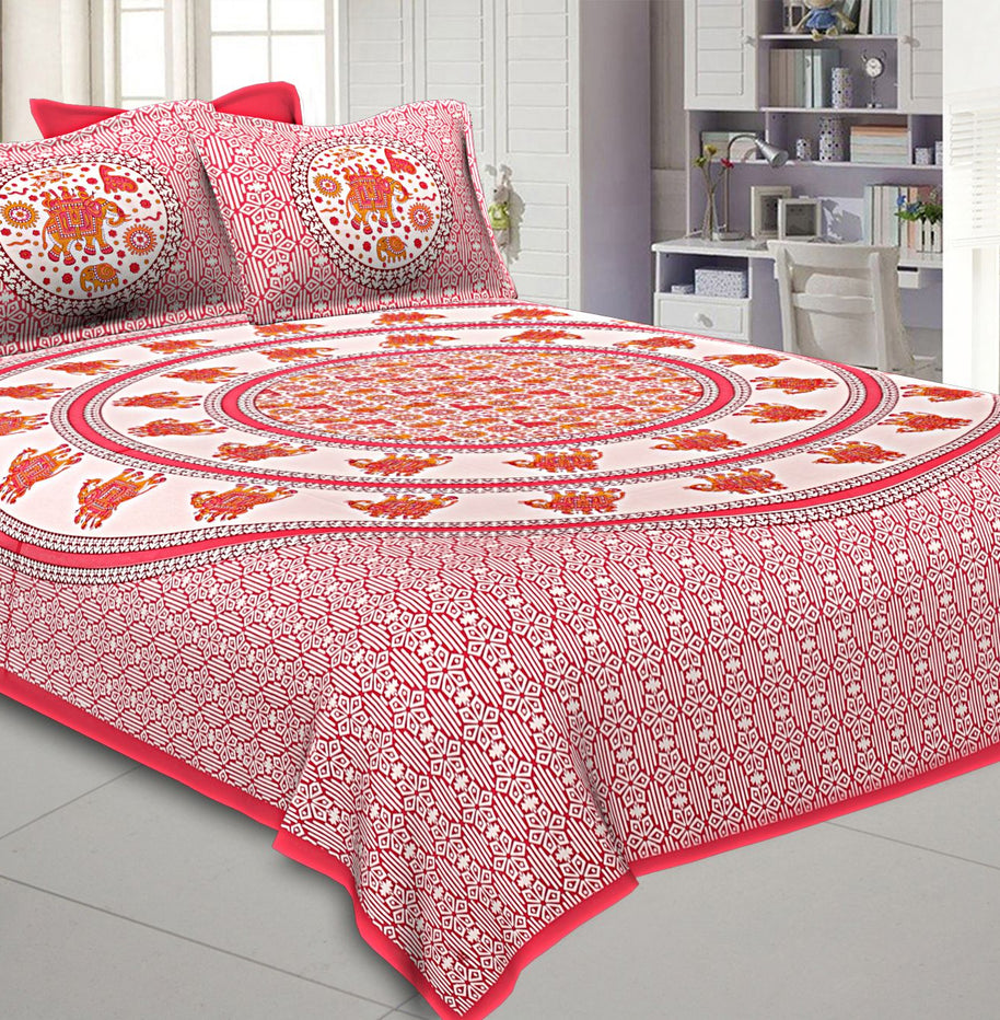 King Size Bedsheet Pink Border Circle Elephant Pattern Screen Print With Two Pillow Cover