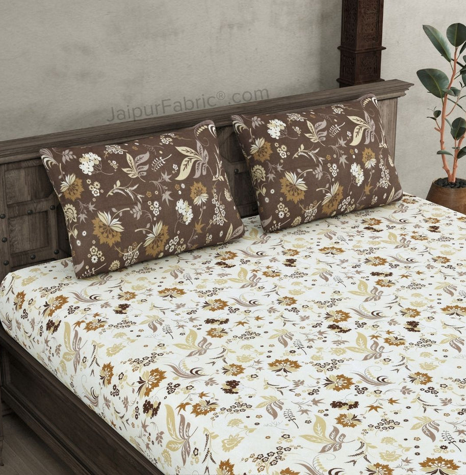 Flowery Spring Off White Chocolate Brown Cotton King Size Bedsheet