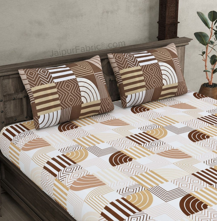 Geometric Maze Off White Brown Cotton King Size Bedsheet