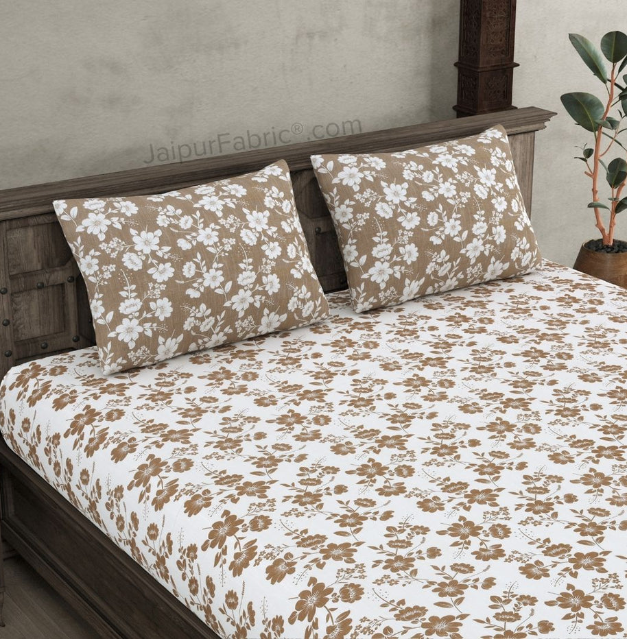 Summer Revival Off White Brown Cotton King Size Bedsheet