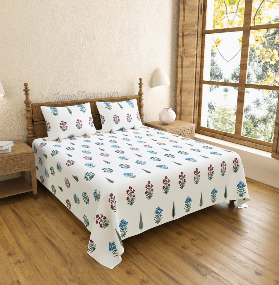 India Blocks of Red Blue Flowers Grey Leaves King Size Block Printed Bedsheet