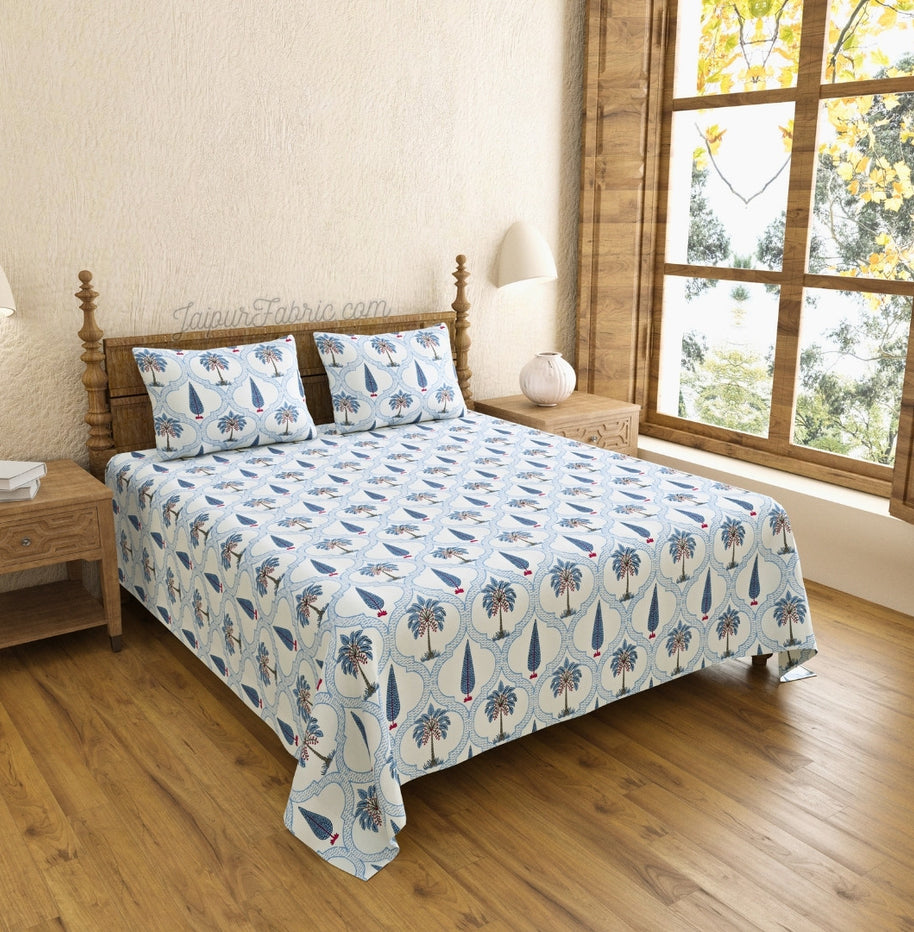 Jaipur Mela Hand Block Printed Blue Trees and Flowers King Size Bedsheet