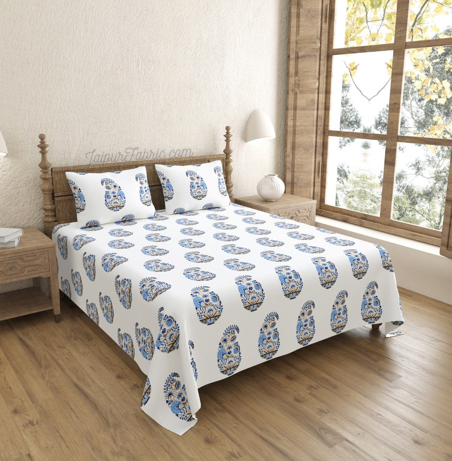 Floral Blue Indian Kairi Design Pinar Block Hand Block Printed King Size Bedsheet