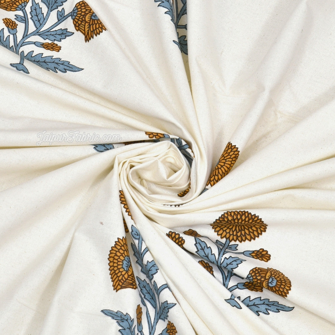 Classic Floral Boota Hand Block Printed Bedsheet with Marigold Flower and Grey Leaves