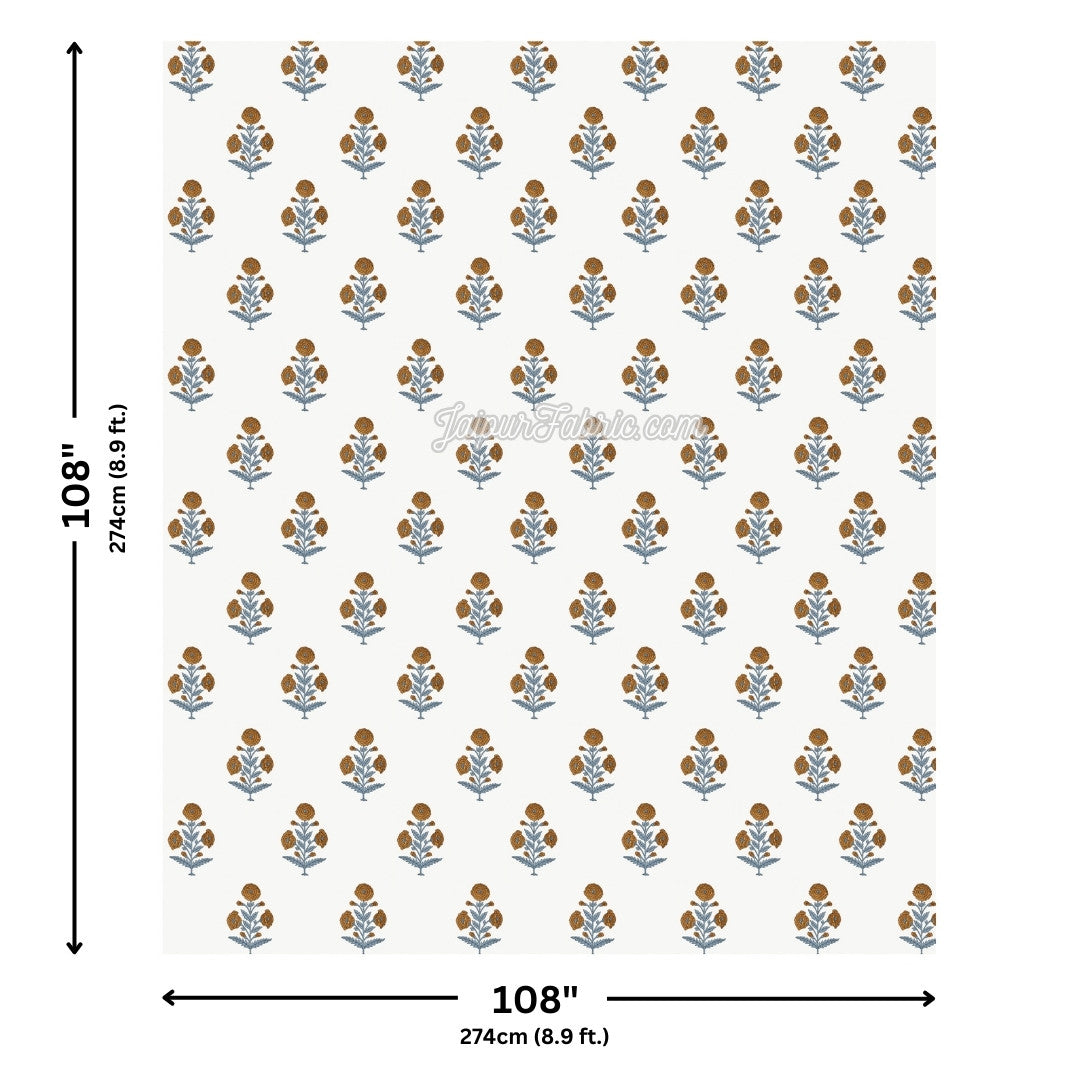 Classic Floral Boota Hand Block Printed Bedsheet with Marigold Flower and Grey Leaves