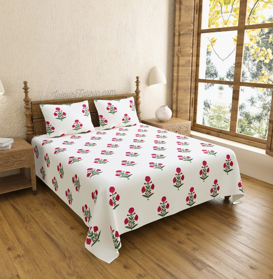 Ocean Enclave Handblock Red Flowers and Green Leaves King Size Bedsheet