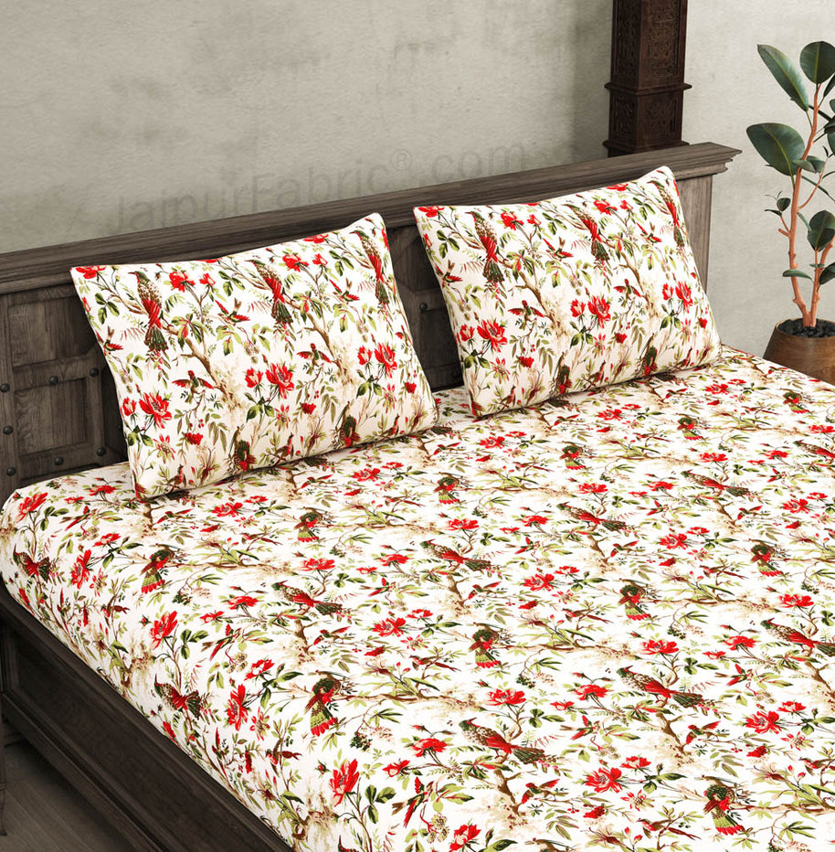 JaipurFabric® anokhi print peach bird king size bedsheet