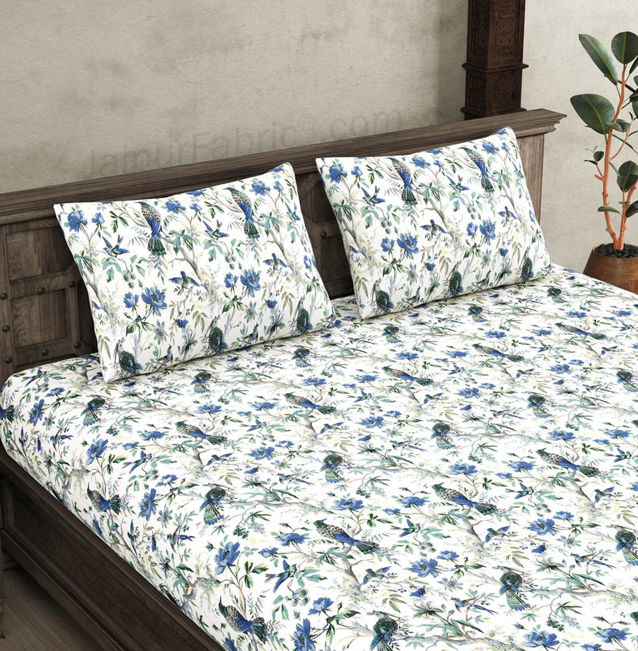 JaipurFabric® anokhi print blue bird king size bedsheet