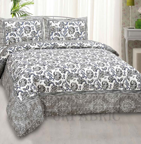 Grey Vector Floral Seamless Summer Pure Cotton King Size Bedsheet