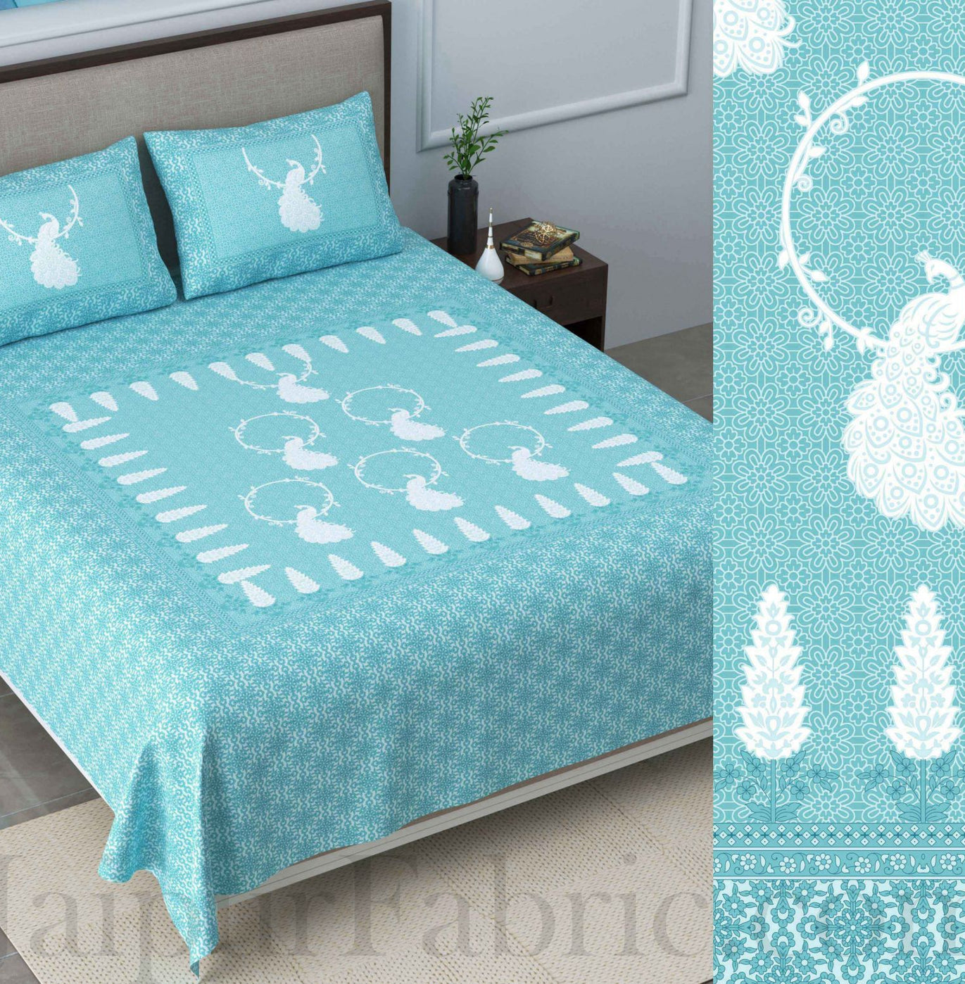 Cool Pastel Peacock Blue King Size Pure Cotton Bedsheet