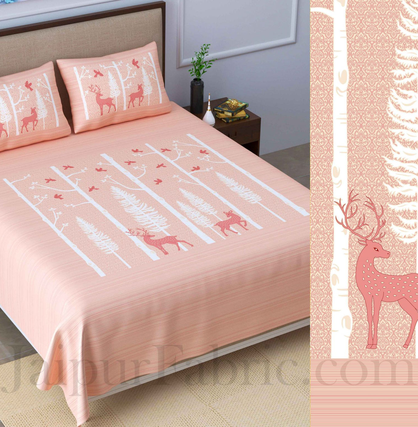 forest deer pastel peach king size pure cotton bedsheet