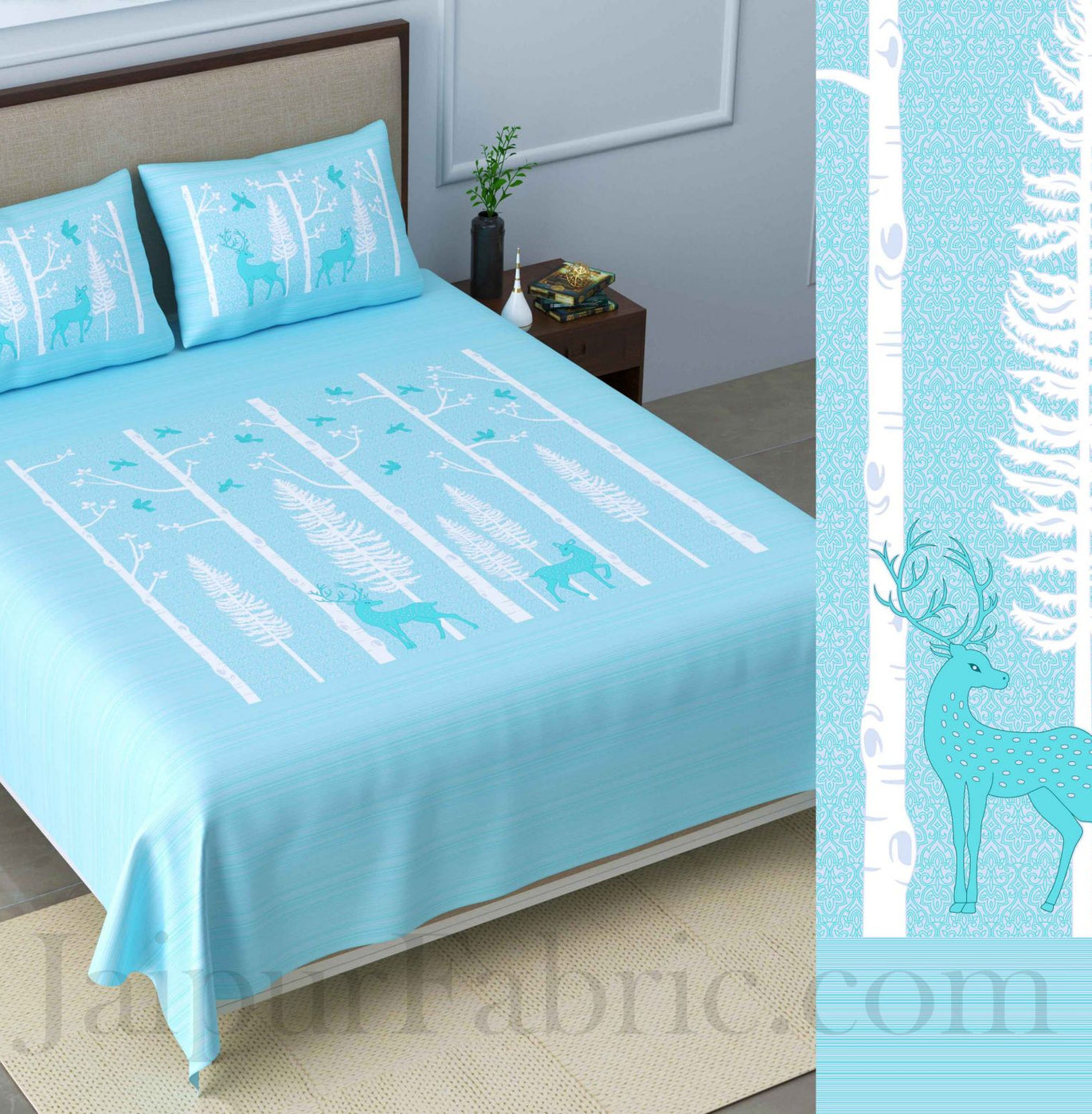 forest deer pastel blue king size pure cotton bedsheet