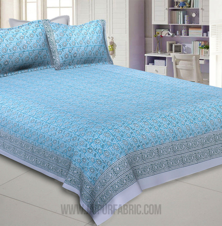 Blossoming Flowers Blue Grey King Size Bedsheet