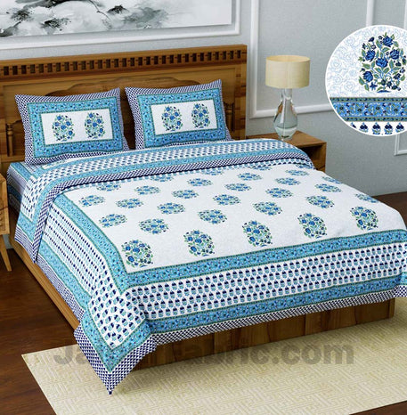 Jaipuri Ethnic Cotton White Blue King Size Double bedsheet