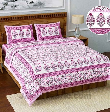 Jaipuri Ethnic Cotton Pink Floral King Size Double bedsheet