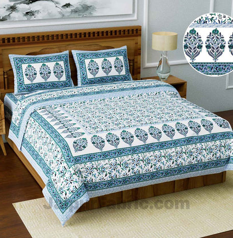 Jaipuri Ethnic Cotton Blue Floral King Size Double bedsheet