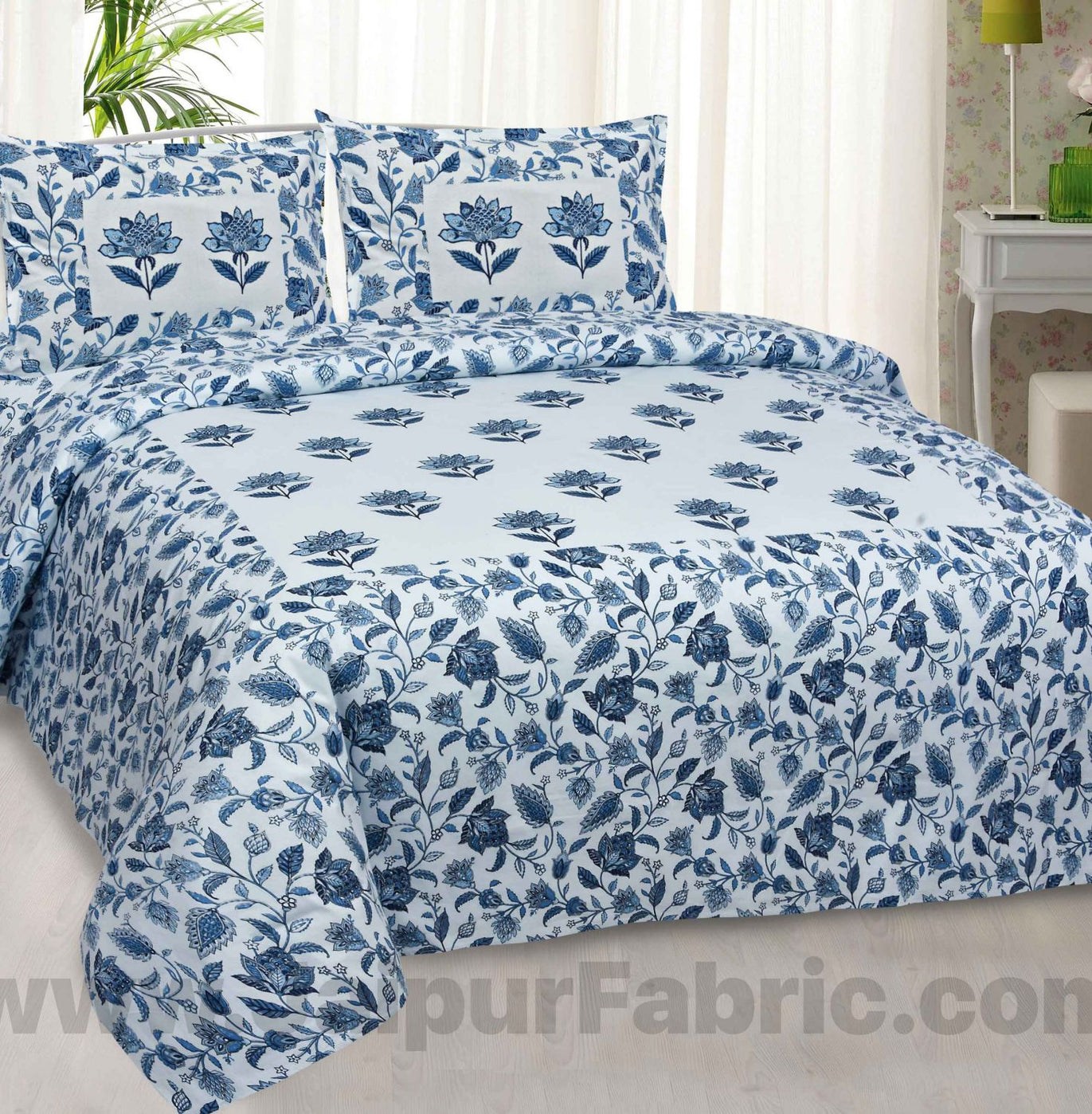 Lovely Lotus Blue Bunch Cotton King Size BedSheet