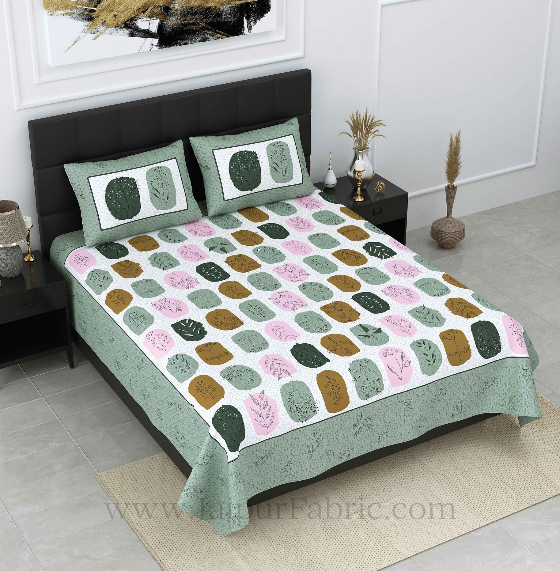 fossil tree print green double bedsheet