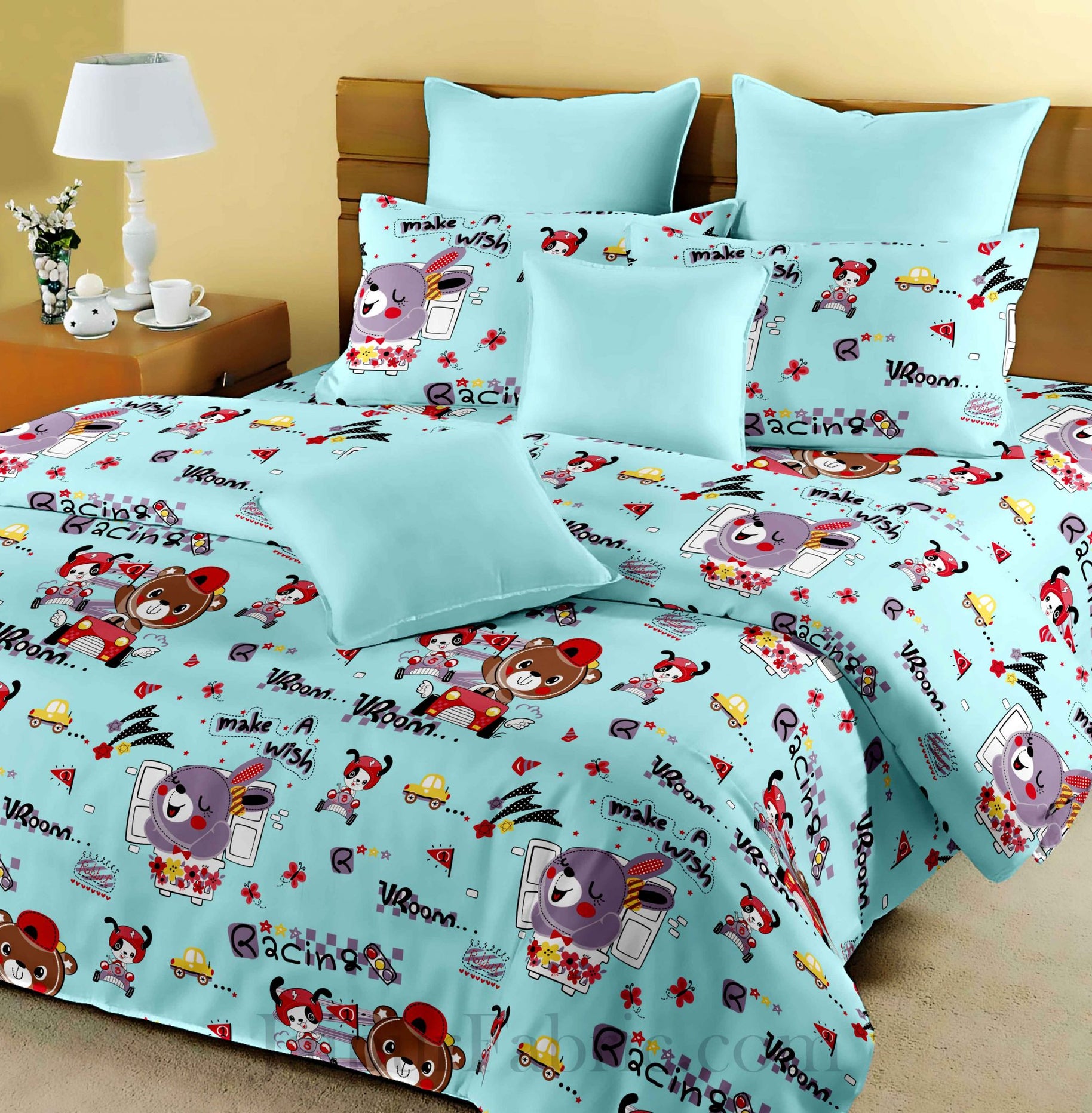 Kids Racing Rabbit Blueish King Size Bedsheet