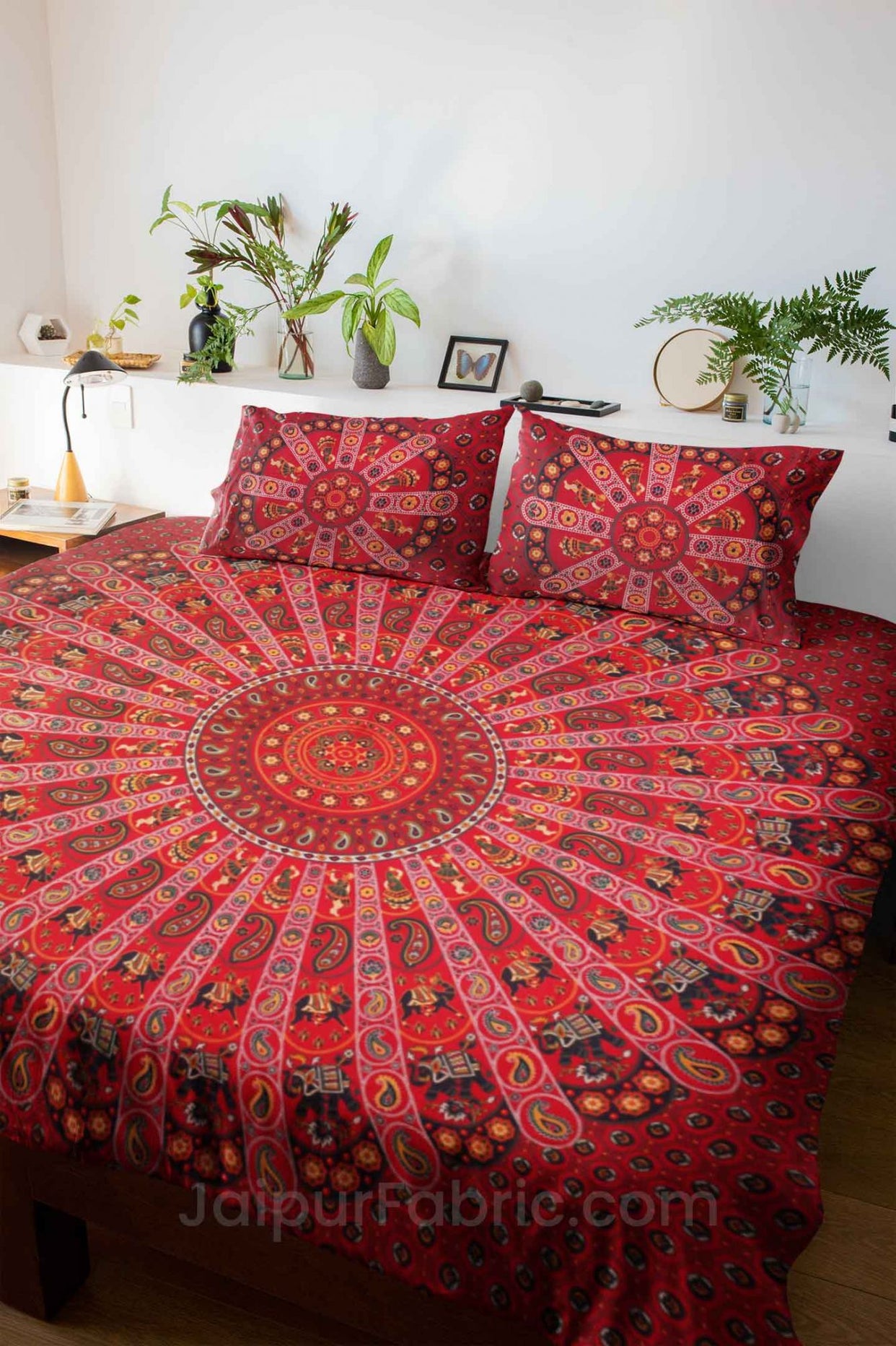 pure cotton red mandala traditional king size double bedsheet with 2 pillow cover