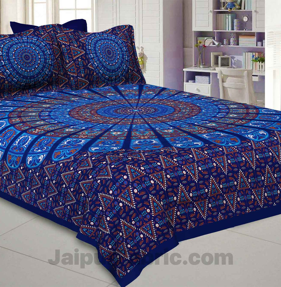 Pure Cotton Blue Mandala Zig Zag Print King Size Double Bedsheet With 2 Pillow Covers