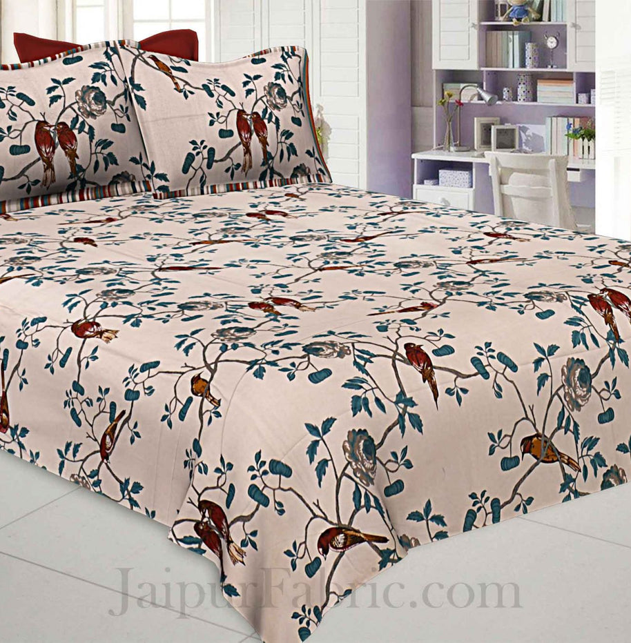 Love Birds Off White Pure Cotton King Size Bedsheet