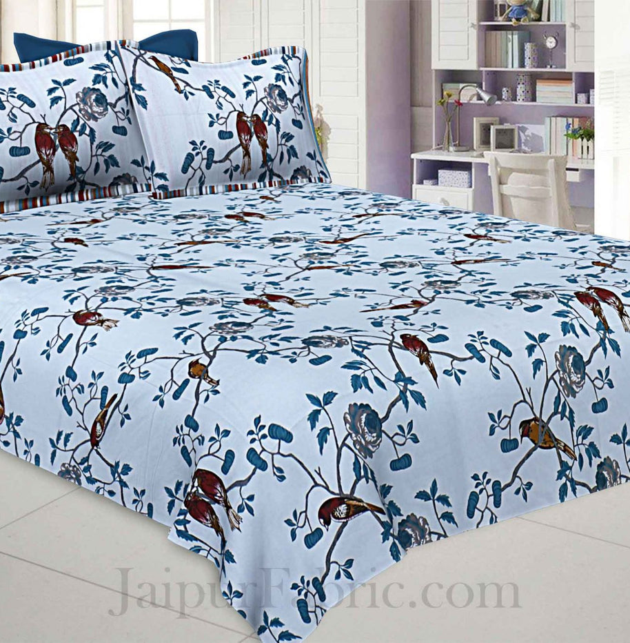 Love Birds Blue Pure Cotton King Size Bedsheet