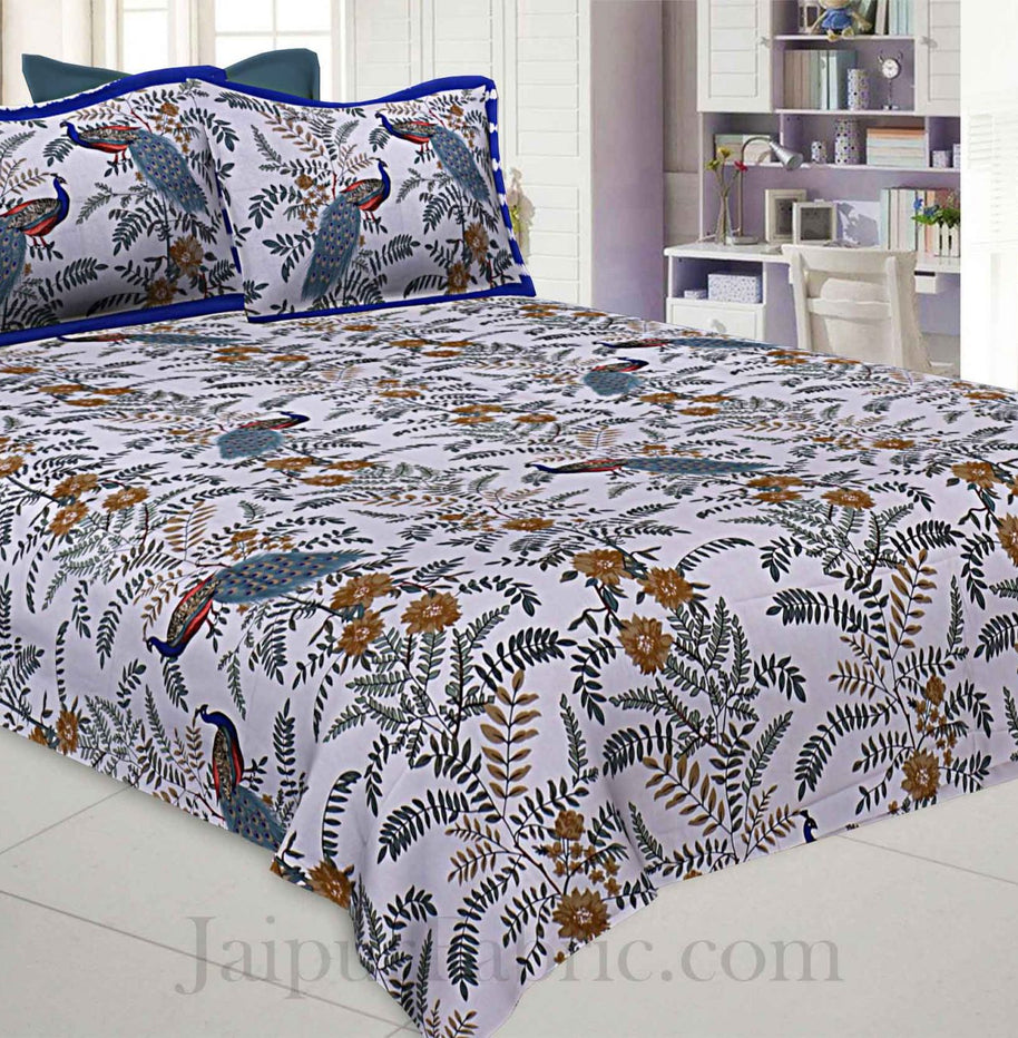 Beautiful Peacocks Grey Pure Cotton King Size Bedsheet