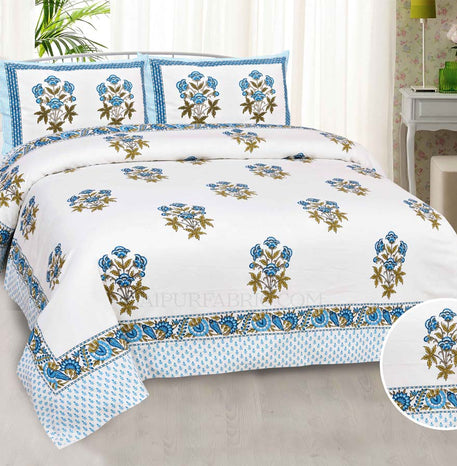 Blue Rajasthan Royal Super Fine Cotton Block Print King Size Bedsheet