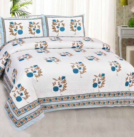 Arctic Blue Cherry blossom Super Fine Cotton Block Print King Size Bedsheet