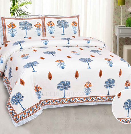 Blue Palm Tree  Super Fine Cotton Block Print King Size Bedsheet