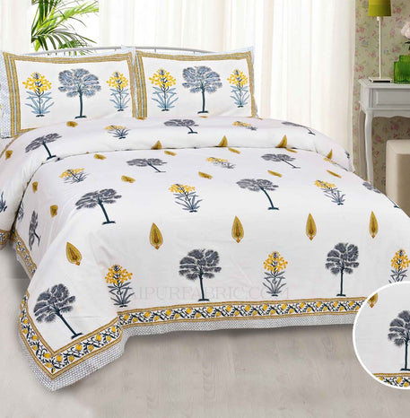 Golden Palm Tree Super Fine Cotton Block Print King Size Bedsheet