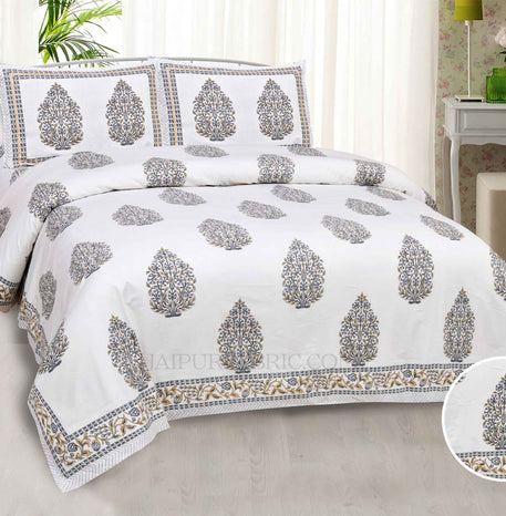 Grey Mughal Jaal Super Fine Cotton Floral Block Print King Size Bedsheet