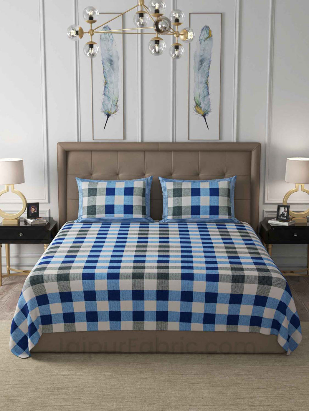 checkered blue cotton king size double bedsheet